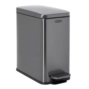 A rectangular, stainless steel step trash can with a foot pedal, designed for hands-free operation.