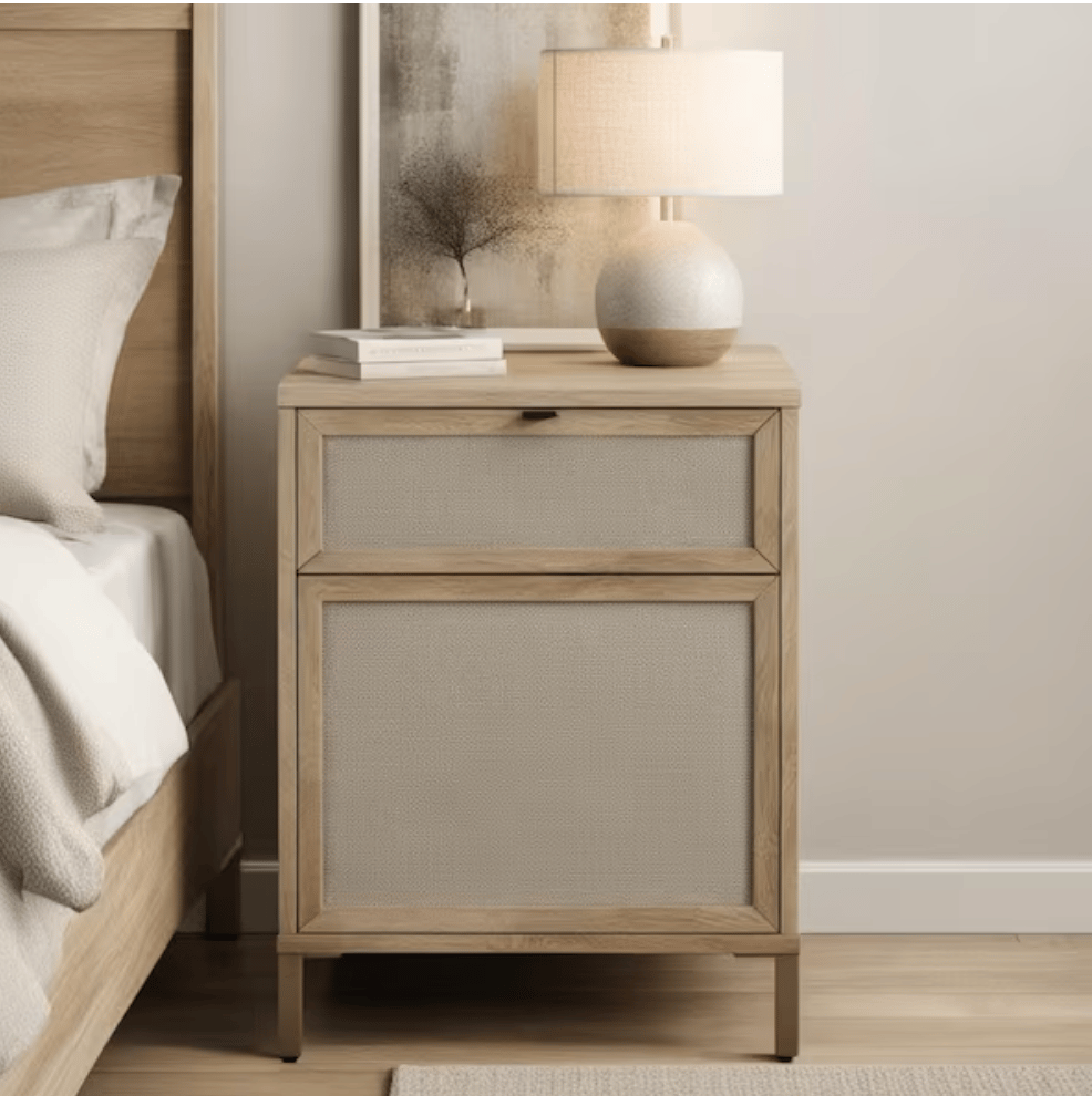 A wooden nightstand with a light wood finish features a textured front panel, a drawer, and a cabinet. Topped with a round-base table lamp and a book, it sits beside a bed, complementing neutral decor.