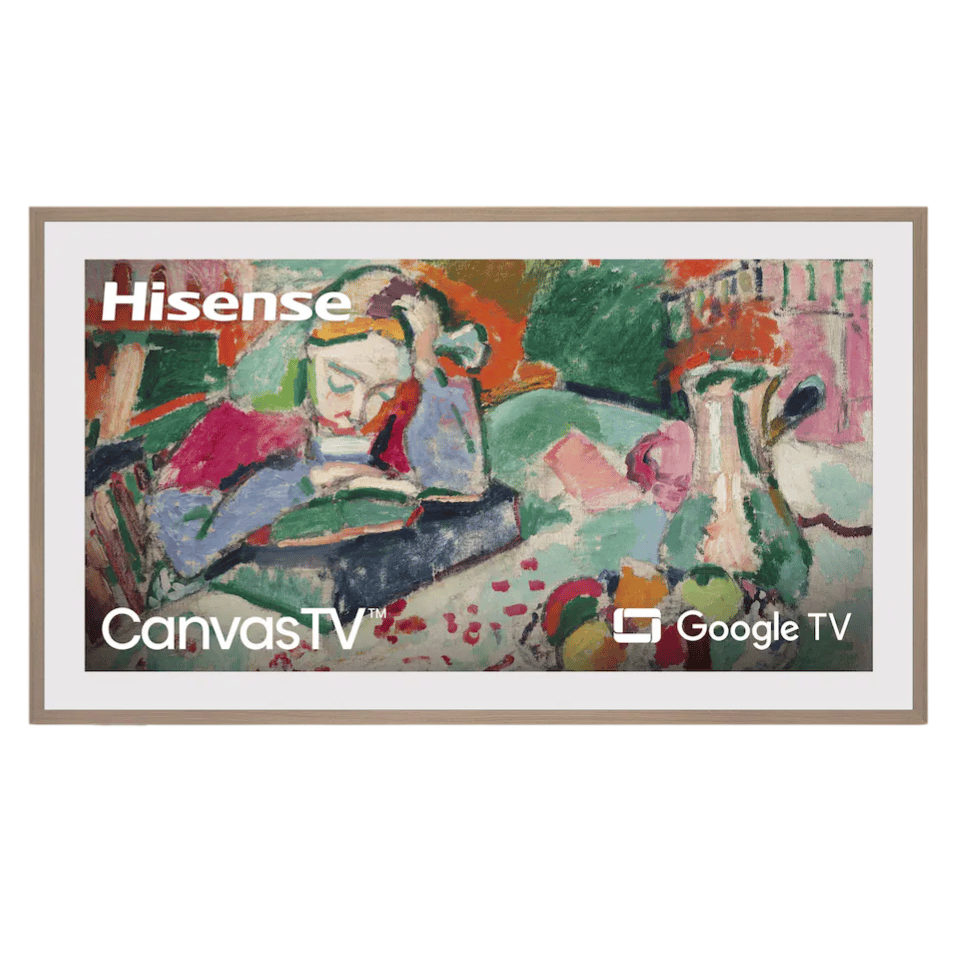 Hisense CanvasTV with Google TV features a framed display showcasing an abstract painting, blending art with technology.