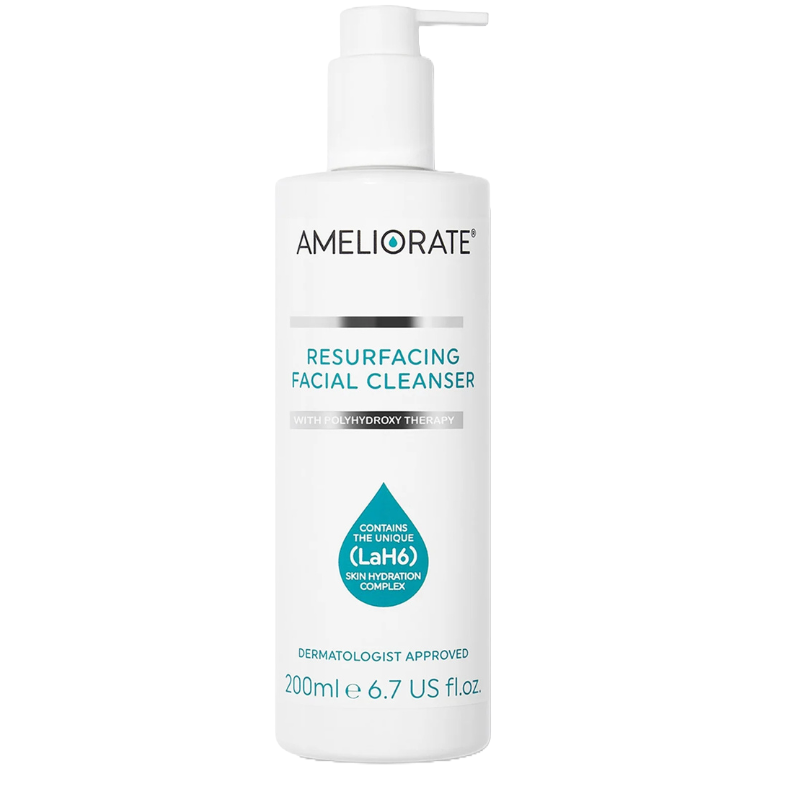 AMELIORATE Resurfacing Facial Cleanser with Polyhydroxy Therapy; contains unique LaH6 skin hydration complex; dermatologist approved; 200ml (6.7 US fl. oz).