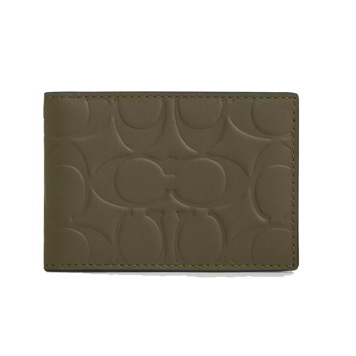 Coach men's wallet in signature leather features an embossed \“C\“ pattern in a khaki color. The design is simple and sleek, suitable for carrying essentials with style.
