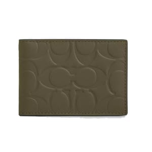Coach men's wallet in signature leather features an embossed \“C\“ pattern in a khaki color. The design is simple and sleek, suitable for carrying essentials with style.