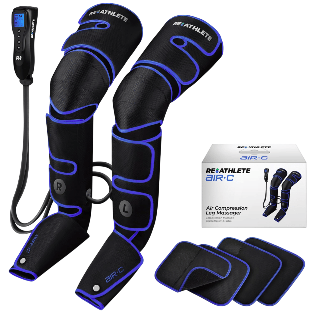 Air compression leg massager with control unit, designed for leg massage with adjustable settings. Includes a retail box and additional pads.