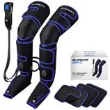 Air compression leg massager with control unit, designed for leg massage with adjustable settings. Includes a retail box and additional pads.