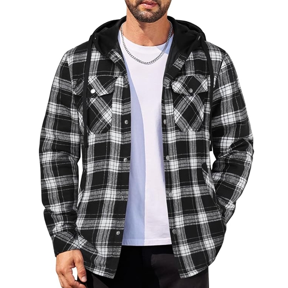 A man wearing a black and white plaid flannel shirt with a hood, layered over a white t-shirt, accessorized with a silver chain necklace.