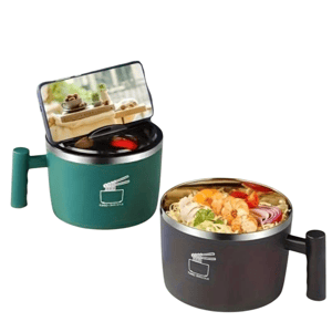 Dual-purpose mug with a handle, featuring a removable lid that serves as a phone stand. Ideal for enjoying meals on-the-go, with one container displaying salad ingredients.