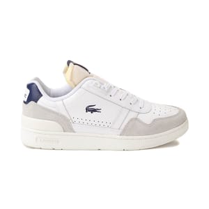 White athletic shoe with grey suede accents, a navy heel tab, and a small crocodile logo on the side.