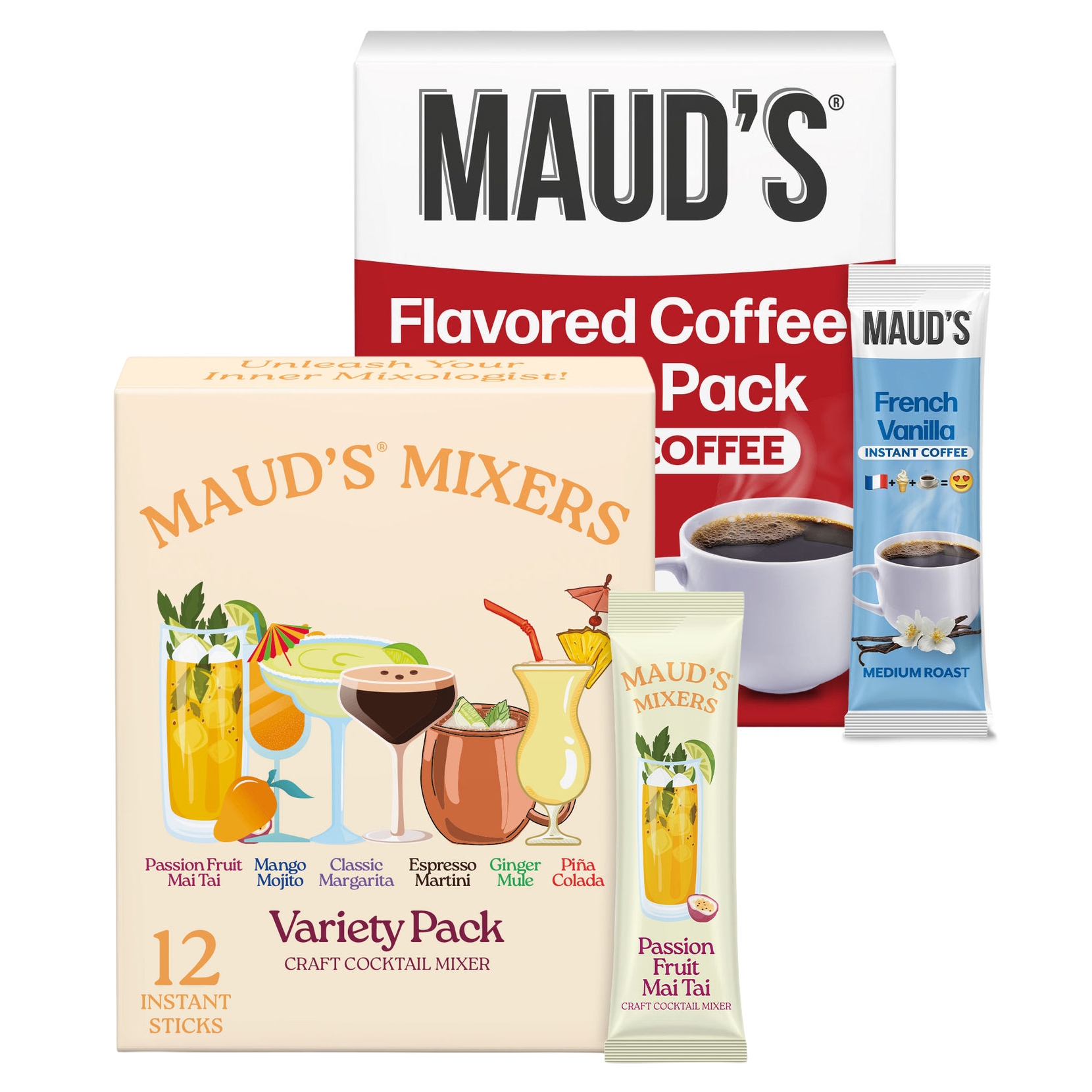 Maud's Mixers Variety Pack includes 12 instant craft cocktail mixers flavors like Passion Fruit Mai Tai and Classic Margarita, alongside a Maud's Flavored Coffee Pack featuring French Vanilla instant coffee.