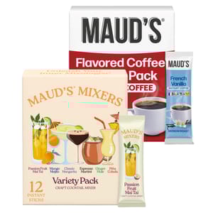 Maud's Mixers Variety Pack includes 12 instant craft cocktail mixers flavors like Passion Fruit Mai Tai and Classic Margarita, alongside a Maud's Flavored Coffee Pack featuring French Vanilla instant coffee.