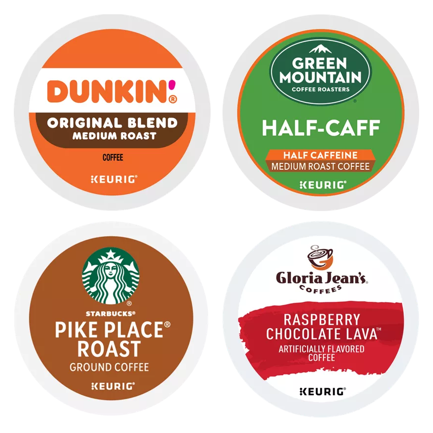 Four varieties of Keurig coffee pods: Dunkin' Original Blend, Green Mountain Half-Caff, Starbucks Pike Place Roast, and Gloria Jean's Raspberry Chocolate Lava.