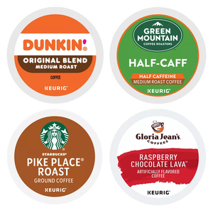 Four varieties of Keurig coffee pods: Dunkin' Original Blend, Green Mountain Half-Caff, Starbucks Pike Place Roast, and Gloria Jean's Raspberry Chocolate Lava.