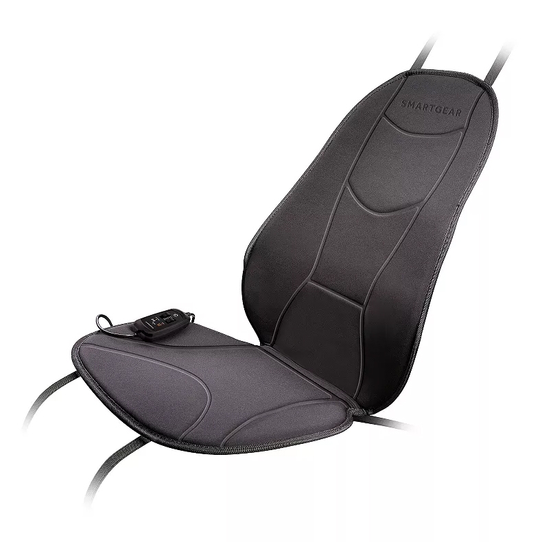 Heated seat cover with integrated massage functions, featuring adjustable straps and a remote control for settings.