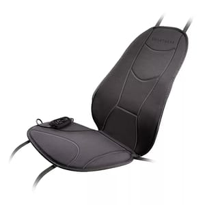 Heated seat cover with integrated massage functions, featuring adjustable straps and a remote control for settings.