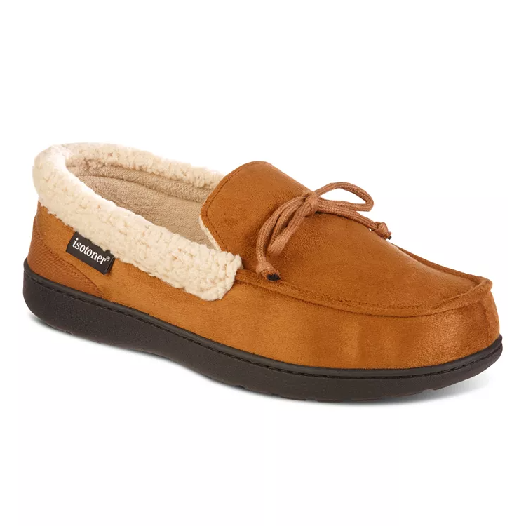 Tan suede moccasin with plush lining and a bow on the vamp.