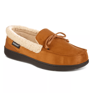Tan suede moccasin with plush lining and a bow on the vamp.