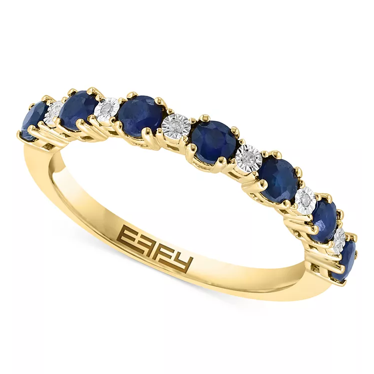 A gold band ring featuring alternating round deep blue sapphires and small diamond accents, marked with the Effy logo on the inside.