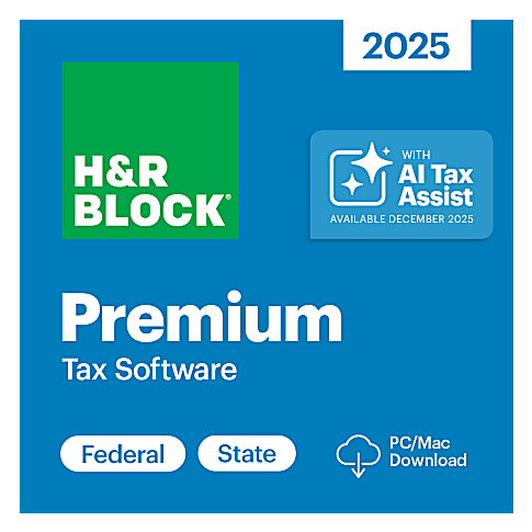 H&R Block Premium Tax Software for 2025 offers federal and state tax solutions, compatible with PC/Mac. Includes AI Tax Assist, available December 2025.