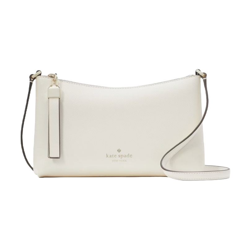 A white Kate Spade Sadie Small Crossbody with a sleek design, detachable strap, and zipper closure. Compact and minimalist, featuring the Kate Spade logo.