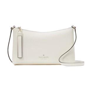 A white Kate Spade Sadie Small Crossbody with a sleek design, detachable strap, and zipper closure. Compact and minimalist, featuring the Kate Spade logo.