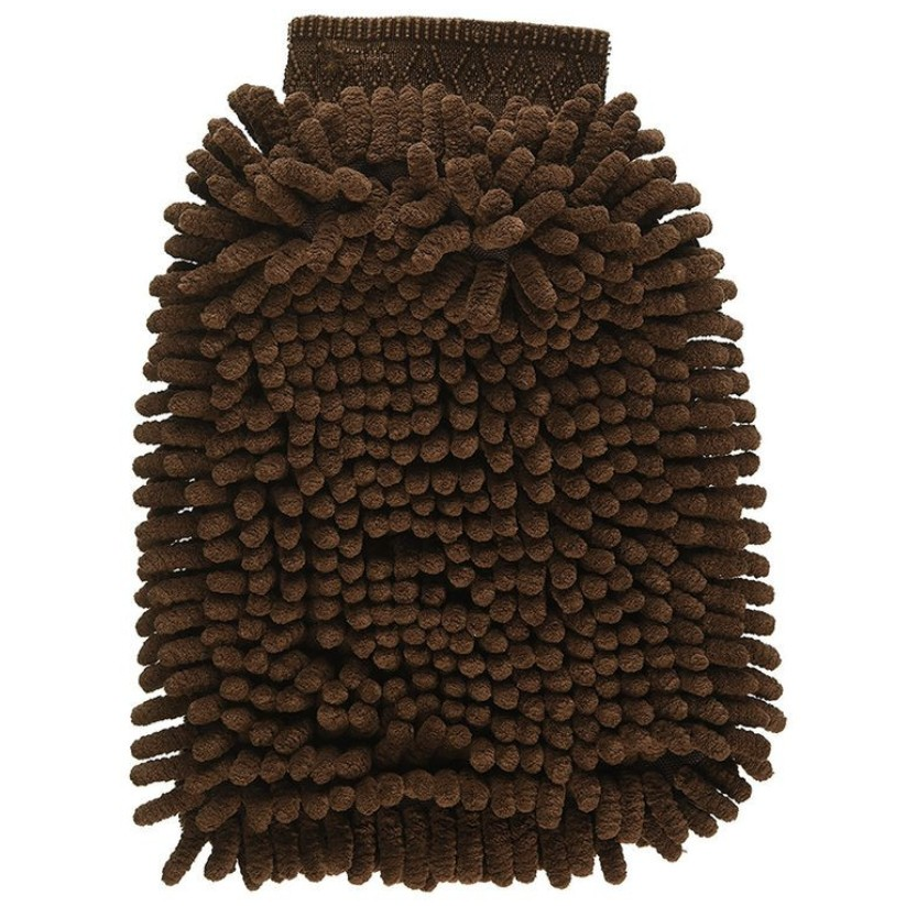 A brown chenille microfiber cleaning mitt with textured, absorbent fingers for dusting and cleaning surfaces.