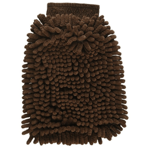 A brown chenille microfiber cleaning mitt with textured, absorbent fingers for dusting and cleaning surfaces.