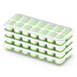 A stack of four white silicone ice cube trays with green lids, each tray has multiple compartments for ice cubes.