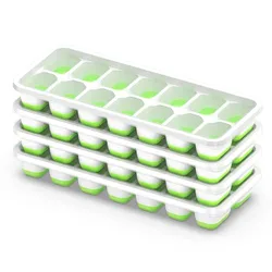 A stack of four white silicone ice cube trays with green lids, each tray has multiple compartments for ice cubes.