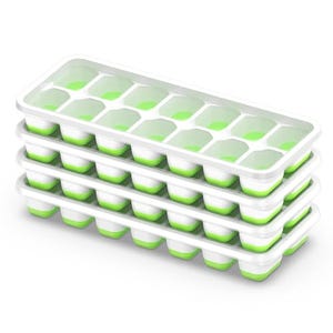 A stack of four white silicone ice cube trays with green lids, each tray has multiple compartments for ice cubes.