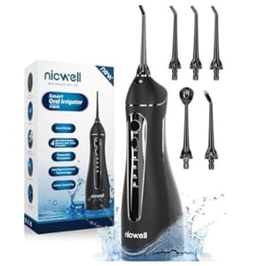 A black oral irrigator is shown with four interchangeable nozzles, alongside its blue and white packaging that signifies its features.