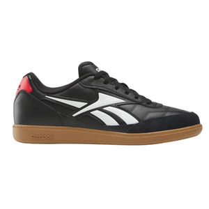 Black Reebok sneaker with white curved stripes, red heel accent, and gum sole.