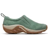 Green slip-on shoe with a suede upper, branded with \“Merrell\“ on the side. Features a brown rubber sole with circular grips, designed for casual and outdoor wear.