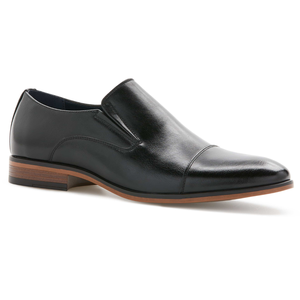 Perry Ellis Dress Slip-Ons are sleek black leather shoes featuring a cap toe design with elastic side goring for easy wear. They have a stacked, two-tone heel, combining style and comfort for formal occasions.