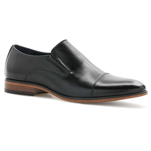 Perry Ellis Dress Slip-Ons are sleek black leather shoes featuring a cap toe design with elastic side goring for easy wear. They have a stacked, two-tone heel, combining style and comfort for formal occasions.