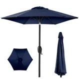 Blue patio umbrella shown open and closed, with a top view and side view featuring a crank handle on the pole.