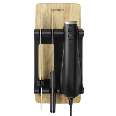 Cuisinart electric knife set with a black handle, carving blade, and fork, mounted on a wooden base.