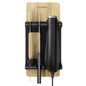 Cuisinart electric knife set with a black handle, carving blade, and fork, mounted on a wooden base.