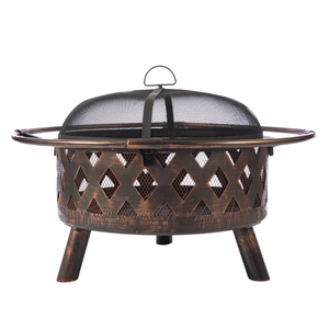 A metal outdoor fire pit with a lattice design and protective mesh cover, supported by three angled legs.