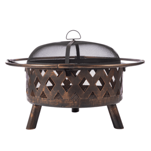 A metal outdoor fire pit with a lattice design and protective mesh cover, supported by three angled legs.