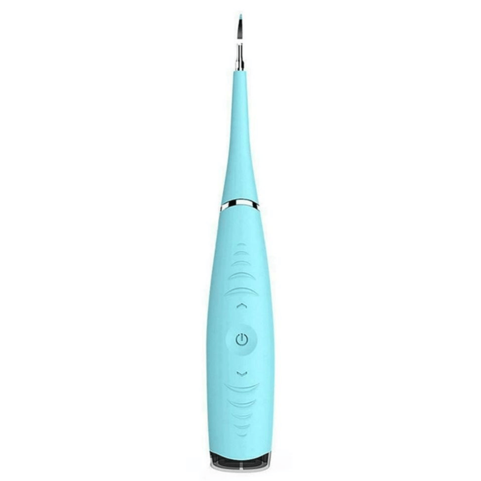 A blue electric dental scaler or tooth cleaner with a slim, pointed tip and a power button on the handle.