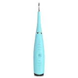 A blue electric dental scaler or tooth cleaner with a slim, pointed tip and a power button on the handle.