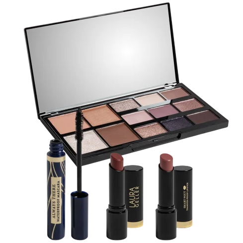 A makeup set with a 12-shade eyeshadow palette featuring neutral and dark tones, a waterproof mascara, and two lipsticks in different shades.