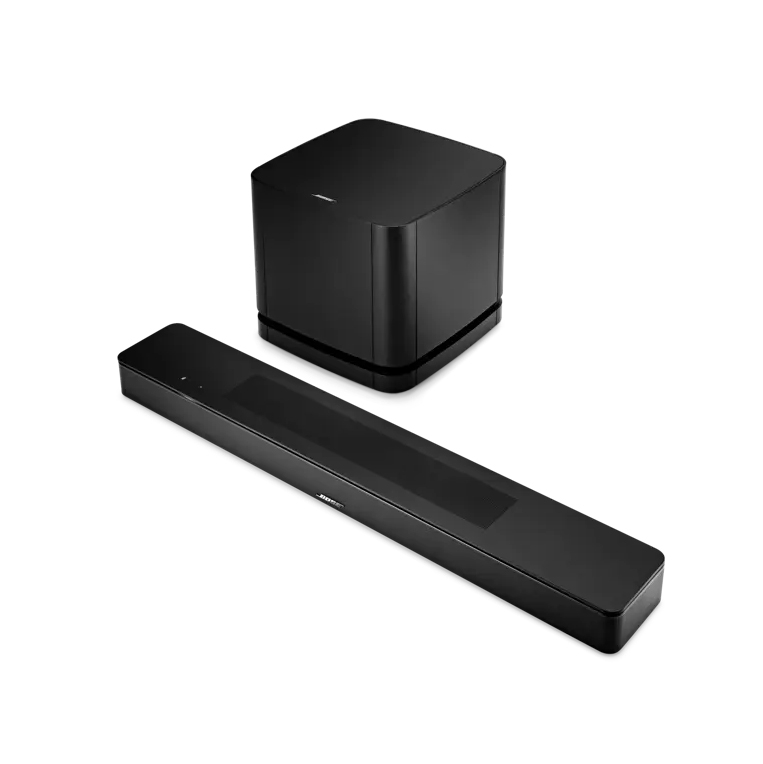A black Bose soundbar and subwoofer set, designed for enhanced audio experience, featuring a sleek and modern design.