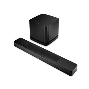 A black Bose soundbar and subwoofer set, designed for enhanced audio experience, featuring a sleek and modern design.