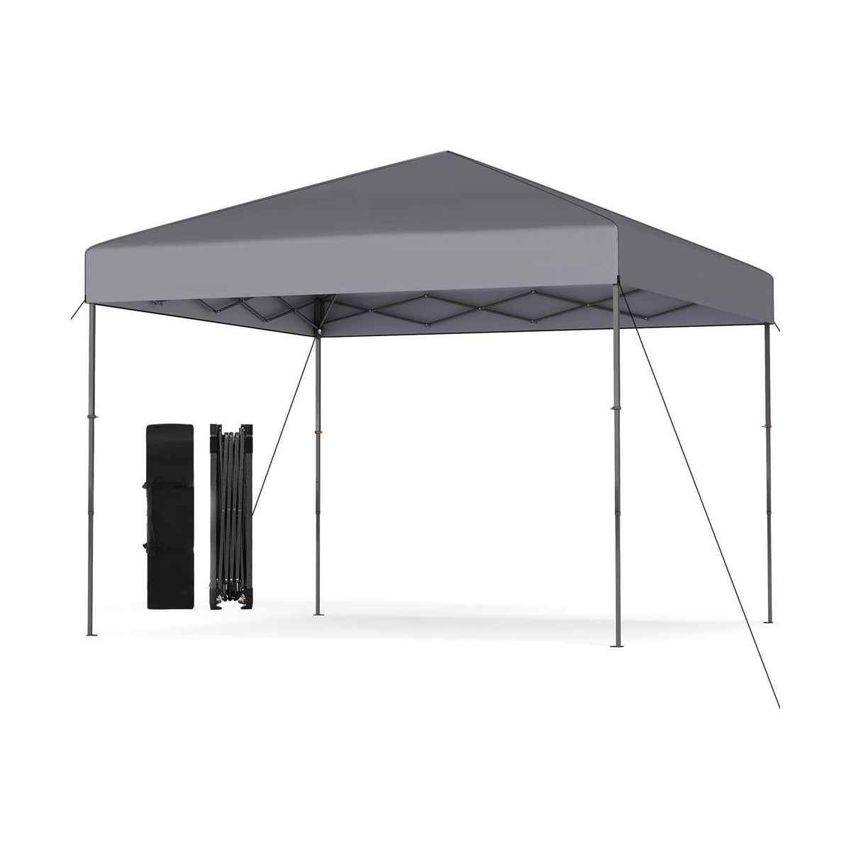 A gray pop-up canopy tent with a carry bag and folded frame, featuring support ropes for stability.