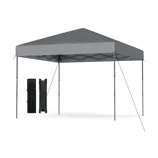 A gray pop-up canopy tent with a carry bag and folded frame, featuring support ropes for stability.