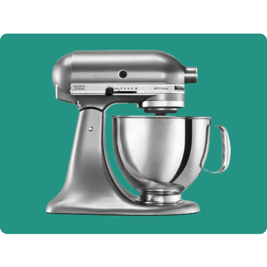 A silver KitchenAid stand mixer with a stainless steel mixing bowl, featuring multiple speed settings.