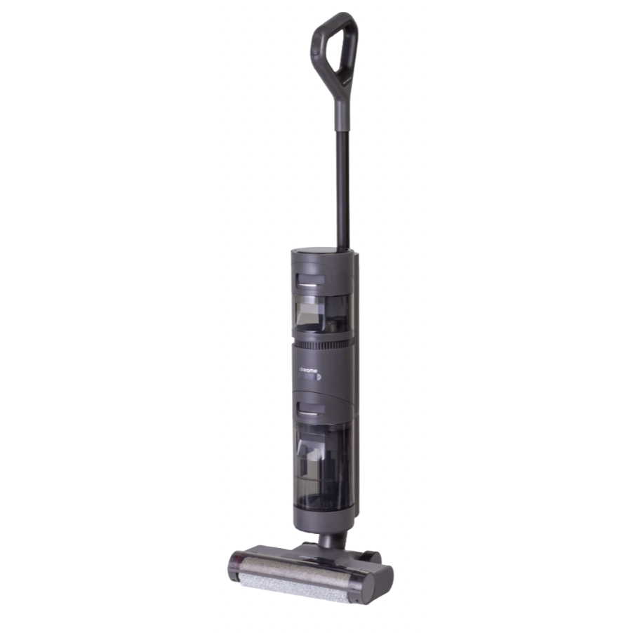 A cordless wet/dry vacuum cleaner with a long handle, featuring a sleek, vertical design, dual tanks, and a roller brush for efficient cleaning.
