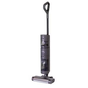A cordless wet/dry vacuum cleaner with a long handle, featuring a sleek, vertical design, dual tanks, and a roller brush for efficient cleaning.