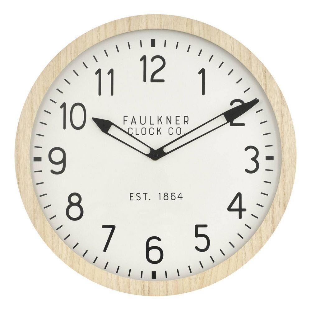 Round wall clock with a natural wood frame, black numerals, and hands, featuring \“Faulkner Clock Co.\“ and \“Est. 1864\“ on the face.