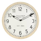 Round wall clock with a natural wood frame, black numerals, and hands, featuring \“Faulkner Clock Co.\“ and \“Est. 1864\“ on the face.